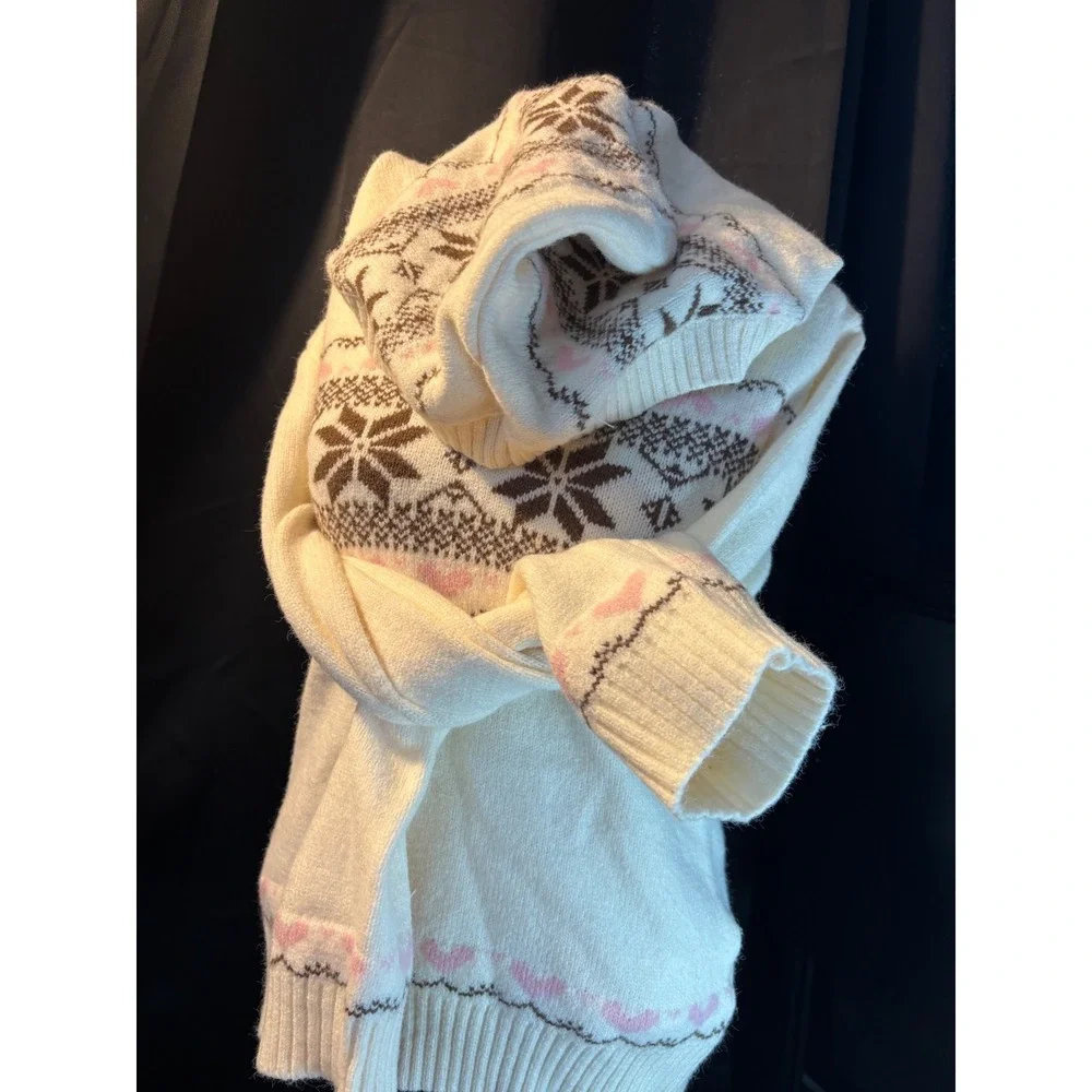 SHEIN Cream Fair Isle Hooded Sweater Snowflake Heart Henley Pullover Small
